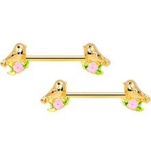 Load image into Gallery viewer, 14G 9/16 Gold Tone Bird Pink Flower Barbell Nipple Ring Set
