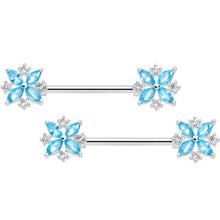 Load image into Gallery viewer, 14G 5/8 Aqua CZ Gem Star Burst Barbell Nipple Ring Set
