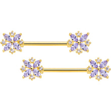 Load image into Gallery viewer, 14G 5/8 Purple CZ Gem Gold Tone Star Burst Nipple Ring Set
