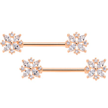 Load image into Gallery viewer, 14G 5/8 Clear CZ Gem Rose Gold Tone Star Burst Nipple Ring Set
