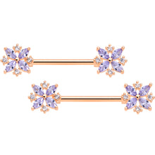 将图片加载到图库查看器，14G 5/8 Purple CZ Gem Rose Gold Tone Star Burst Nipple Ring Set
