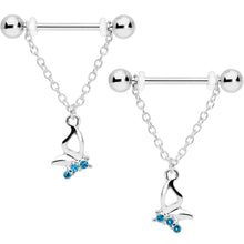 Load image into Gallery viewer, 14G 5/8 Aqua Gem Hollow Butterfly Chain Dangle Nipple Ring Set
