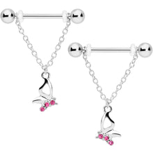 将图片加载到图库查看器，14G 5/8 Pink Gem Butterfly Dangle Nipple Ring Set
