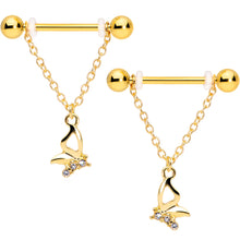 将图片加载到图库查看器，14G 5/8 Clear Gem Gold Tone Butterfly Dangle Nipple Ring Set
