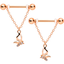 Load image into Gallery viewer, 14G 5/8 Clear Gem Rose Gold Hue Butterfly Dangle Nipple Ring Set
