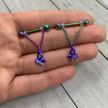 Load image into Gallery viewer, 14G 5/8 Clear Gem Rainbow Butterfly Dangle Nipple Ring Set

