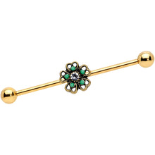 Load image into Gallery viewer, 14G Gold Tone Green Flower St Patricks Industrial Barbell 38mm
