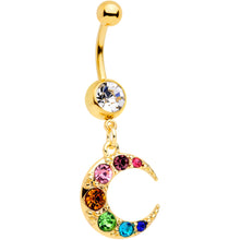 将图片加载到图库查看器，Rainbow Gem Gold Tone Crescent Moon Dangle Belly Ring
