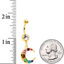 将图片加载到图库查看器，Rainbow Gem Gold Tone Crescent Moon Dangle Belly Ring
