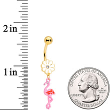 Load image into Gallery viewer, Clear Gem Gold Tone Flower Flamingo Dangle Belly Ring
