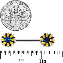 Load image into Gallery viewer, 14G 5/8 Blue Faux Druzy Yellow Sunflower Barbell Nipple Ring Set
