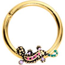 Load image into Gallery viewer, 16G 3/8 Pink Green Gem Gold Tone Lovely Lizard Hinged Segment Ring
