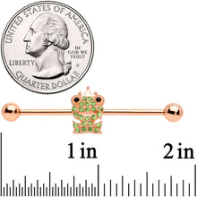 Load image into Gallery viewer, 14G Green Gem Rose Gold Tone Royal Frog Industrial Barbell 38mm
