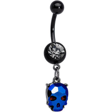 Load image into Gallery viewer, Clear Blue Gem Black Sugar Skull Dangle Belly Ring
