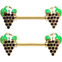 Load image into Gallery viewer, 14G 9/16 Gold Tone Delicious Grapes Fruit Barbell Nipple Ring Set
