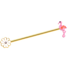 Load image into Gallery viewer, 14G Clear Gem Gold Hue Flower Flamingo Industrial Barbell 38mm
