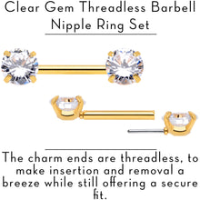 将图片加载到图库查看器，14G 1/2 Clear CZ Gem Gold Tone Threadless Nipple Ring Set
