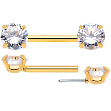 将图片加载到图库查看器，14G 1/2 Clear CZ Gem Gold Tone Threadless Nipple Ring Set
