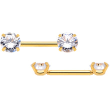 将图片加载到图库查看器，14G 1/2 Clear CZ Gem Gold Tone Threadless Nipple Ring Set
