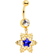 将图片加载到图库查看器，Clear Blue Gem Gold Tone Lacy Star Dangle Belly Ring

