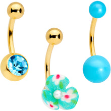将图片加载到图库查看器，Aqua Gem Gold Tone Flower Pearly Belly Ring Set of 3
