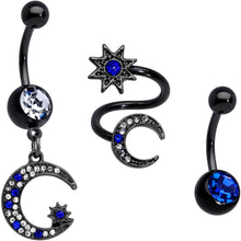 Load image into Gallery viewer, Clear Blue Gem Black Star Moon Twister Dangle Belly Ring Set of 3
