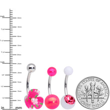 Load image into Gallery viewer, Pink Gem White Pink Flower Pearlescent Belly Ring Set of 3
