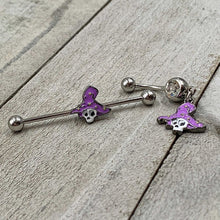 Load image into Gallery viewer, Clear Gem Skull Purple Witch Hat Halloween Dangle Belly Ring
