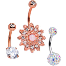 Load image into Gallery viewer, Aurora Clear Gem Rose Gold Tone Flower Belly Ring Set of 3
