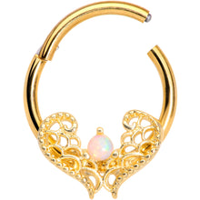Load image into Gallery viewer, 16G 3/8 White Synth Opal Gold Tone Lace Heart Hinged Segment Ring
