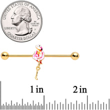 Load image into Gallery viewer, 14G Gold Tone Pink Flamingo Dangle Industrial Barbell 38mm
