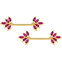 Load image into Gallery viewer, 14G 9/16 Red Gem Gold Tone Autumn Leaves Nipple Ring Set
