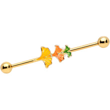 将图片加载到图库查看器，14G Gold Tone Autumn Leaves Fall Industrial Barbell 38mm
