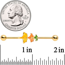 将图片加载到图库查看器，14G Gold Tone Autumn Leaves Fall Industrial Barbell 38mm
