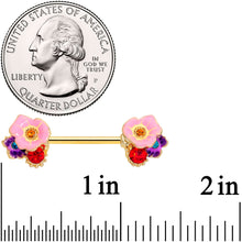 Load image into Gallery viewer, 14G 9/16 Red Pink Gem Gold Tone Multi Flower Nipple Ring Set

