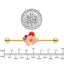 Load image into Gallery viewer, 14G Red Blue Gem Gold Tone Multi Flower Industrial Barbell 38mm
