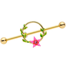 Load image into Gallery viewer, 14G Pink Gem Gold Hue Exotic Flower Circle Industrial Barbell 38mm
