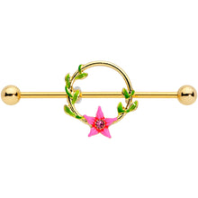 Load image into Gallery viewer, 14G Pink Gem Gold Hue Exotic Flower Circle Industrial Barbell 38mm
