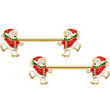 Load image into Gallery viewer, 14G 9/16 Gold Tone Ice Skate Snowman Christmas Nipple Ring Set
