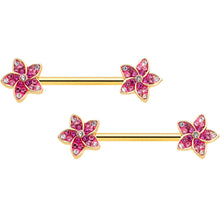 Load image into Gallery viewer, 14G 9/16 Purple Gem Gold Tone Flowers Barbell Nipple Ring Set
