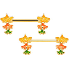 Load image into Gallery viewer, 14G 9/16 Gold Tone Autumn Leaves Fall Barbell Nipple Ring Set
