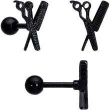 Load image into Gallery viewer, 16G 1/4 Black Scissor Comb Hair Cartilage Tragus Earring Set of 3
