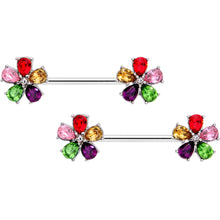 Load image into Gallery viewer, 14G 9/16 Rainbow Gem Fabulous Flowers Barbell Nipple Ring Set
