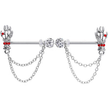 Load image into Gallery viewer, 14G 9/16 Red Gem Skeleton Hands Halloween Dangle Nipple Ring Set
