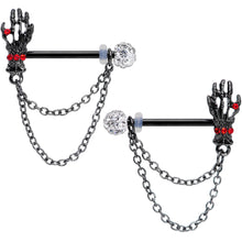 Load image into Gallery viewer, 14G 9/16 Red Gem Skeleton Hands Black Halloween Nipple Ring Set
