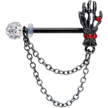 Load image into Gallery viewer, 14G 9/16 Red Gem Skeleton Hands Black Halloween Nipple Ring Set
