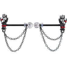 Load image into Gallery viewer, 14G 9/16 Red Gem Skeleton Hands Black Halloween Nipple Ring Set
