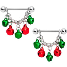 Load image into Gallery viewer, 14G 5/8 Green Red Green Bell Christmas Dangle Nipple Ring Set
