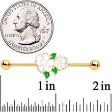 Load image into Gallery viewer, 14G Gold Tone White Gardenia Flower Industrial Barbell 38mm

