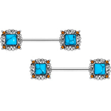 Load image into Gallery viewer, 14G 9/16 Blue Faux Turquoise Square Barbell Nipple Ring Set
